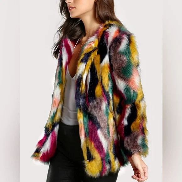 Multicolor Faux Fur Coat Long Sleeve Open Front Luxury Colorful Fuzzy Jacket - Picture 5 of 13